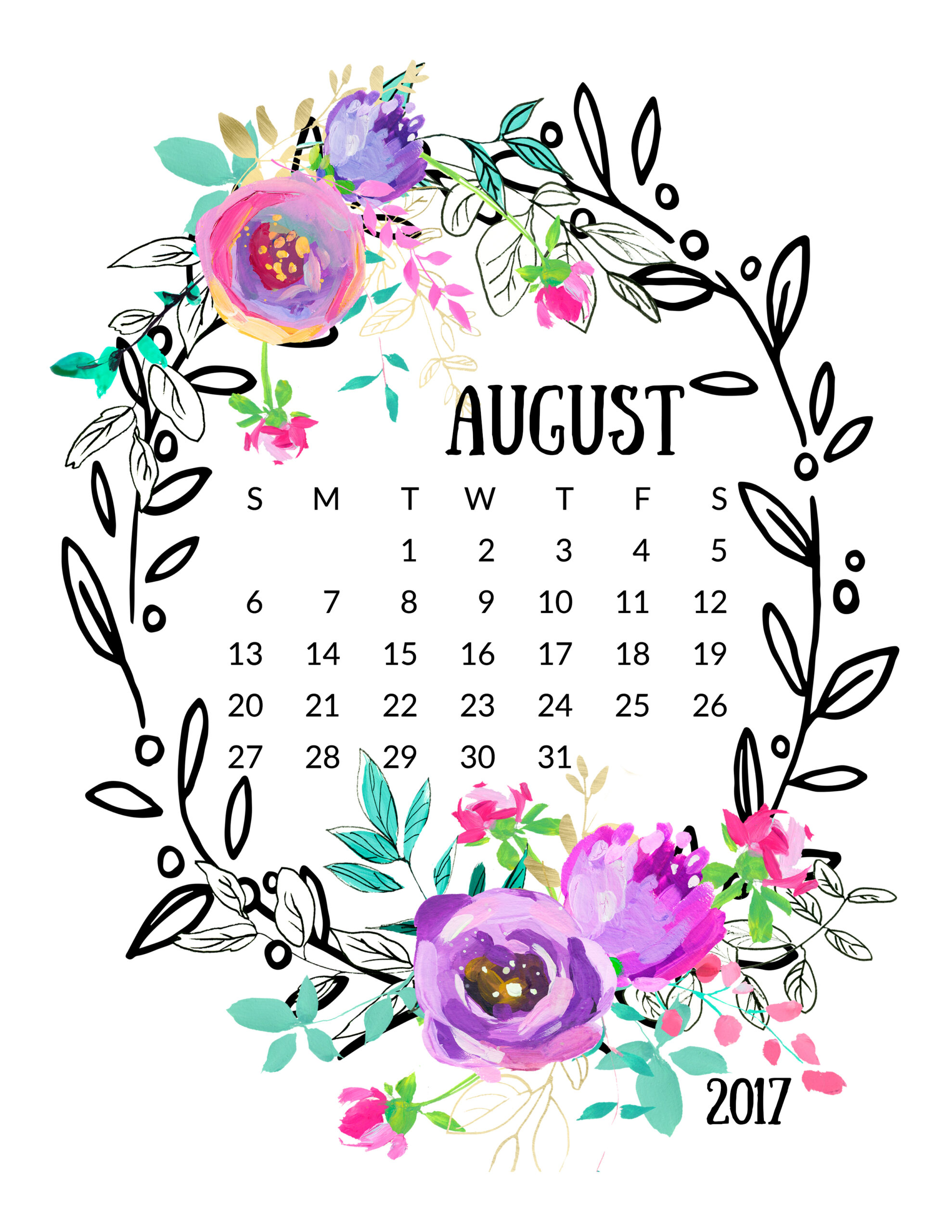 Mint and Purple 2017 Calendar! Free Pretty Things For You