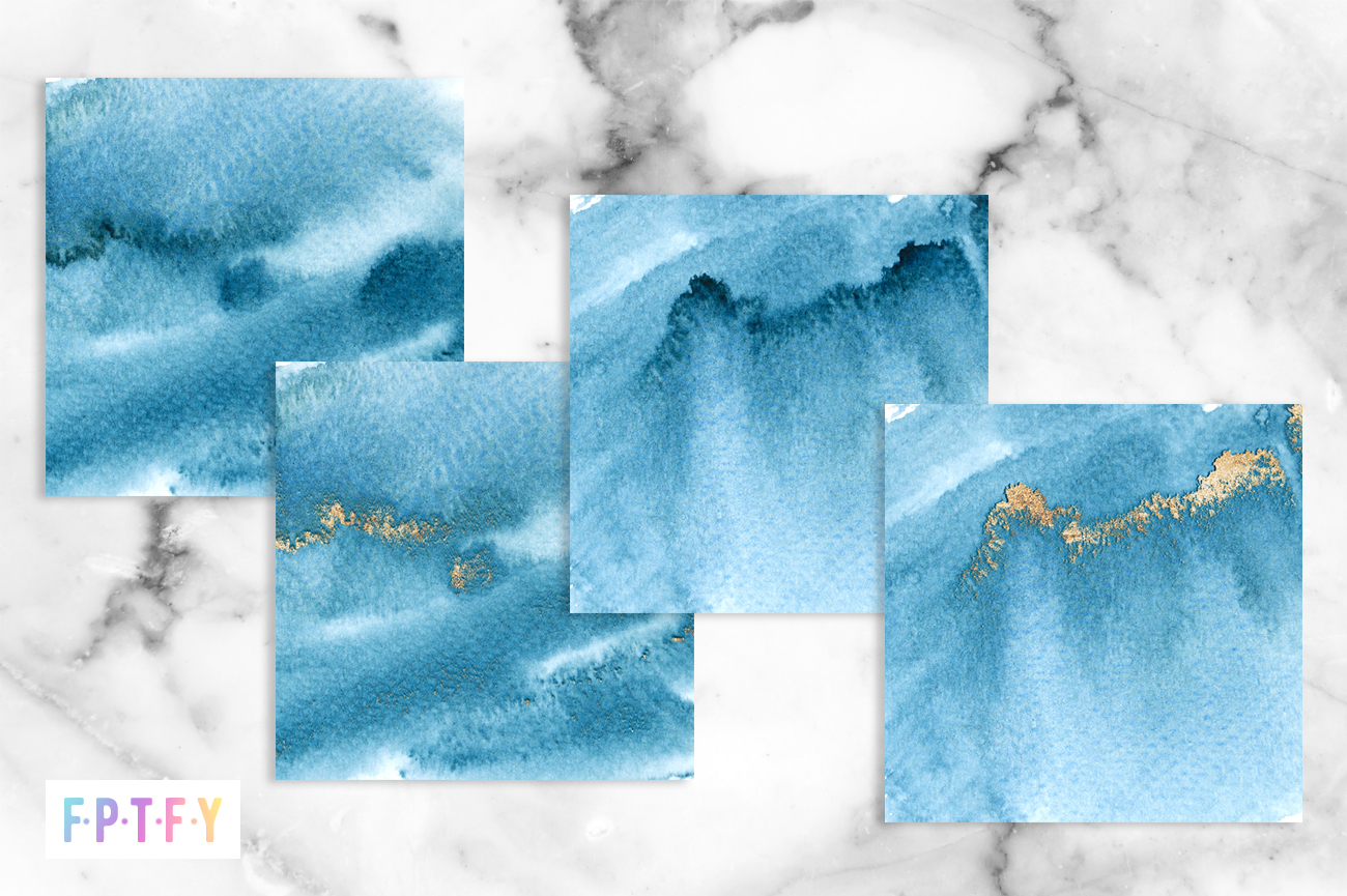 4 Free Blue Watercolor Textured Gold Digital Backgrounds