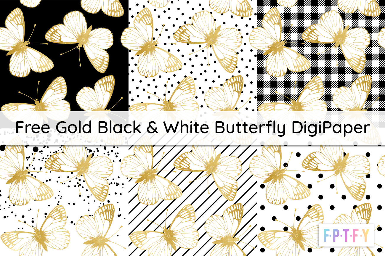 Free Gold Black & White Butterfly DigiPaper