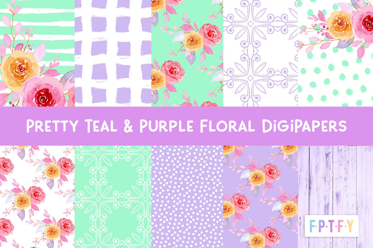 free teal and purple floral digi Papers