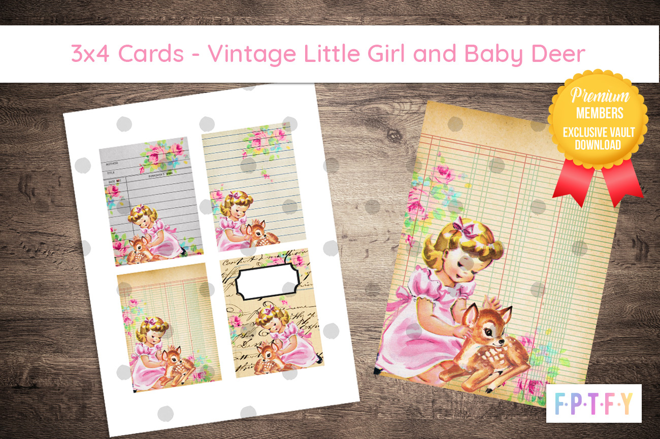 Vintage Little Girl Baby Deer 3x4 cards