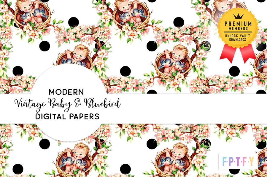 Modern Vintage Baby and bluebird Digital Papers