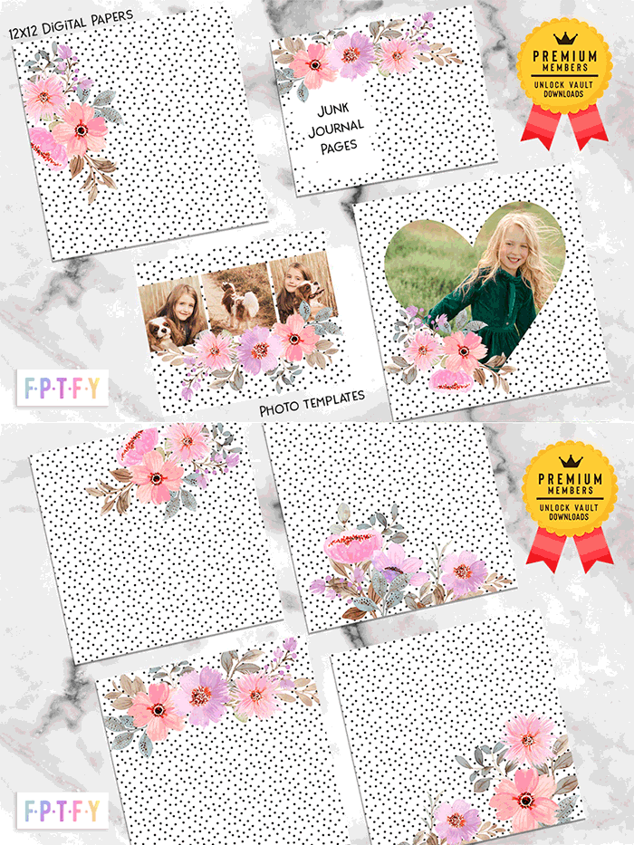 Black and White Polka Dot Floral Digital Paper Photo Templates Junk Journal