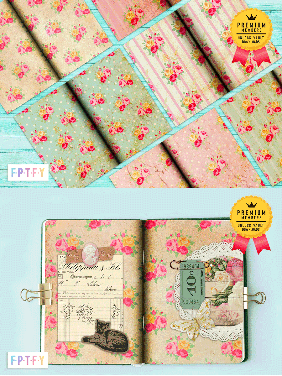 Shabby Rose Pink and Teal Digital Junk Journal Pages