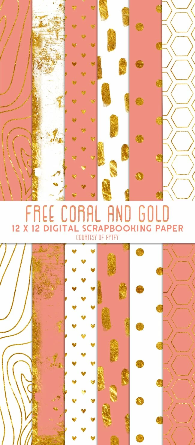 scrapbook-Free-Digital Paper-coral-Gold-and-white-FPTFY-1