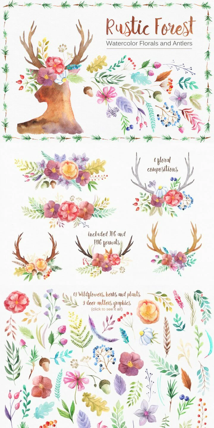 gorgeous rustic forest watercolor florals and antlers rustic-forest-water-color-florals