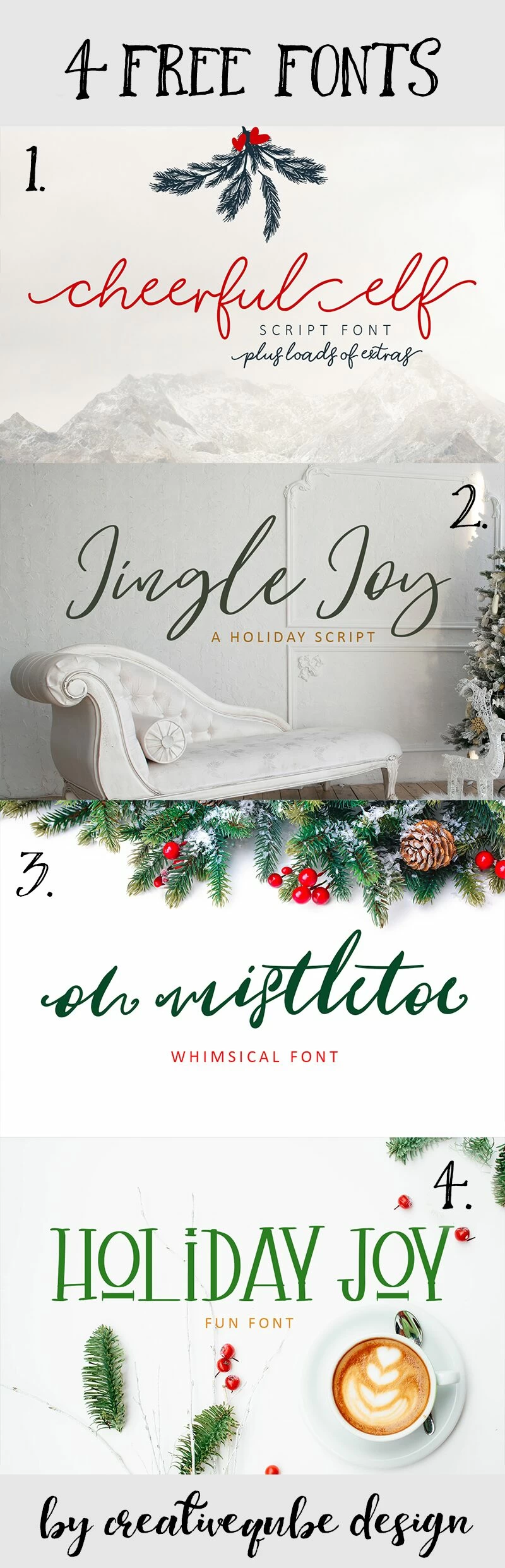 4 Free Fonts: Cheerful Elf, Jingle Joy, Oh Mistletoe, Holiday Joy