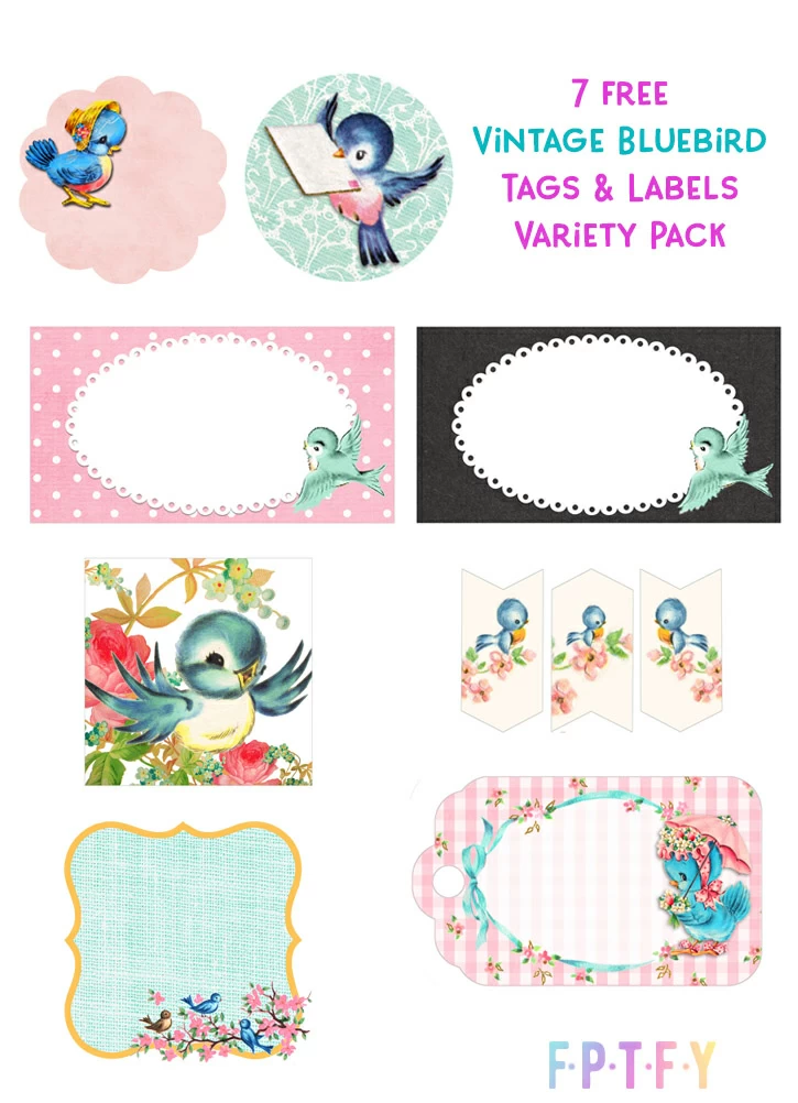 free variety pack of vintage bluebird graphic tags and labels