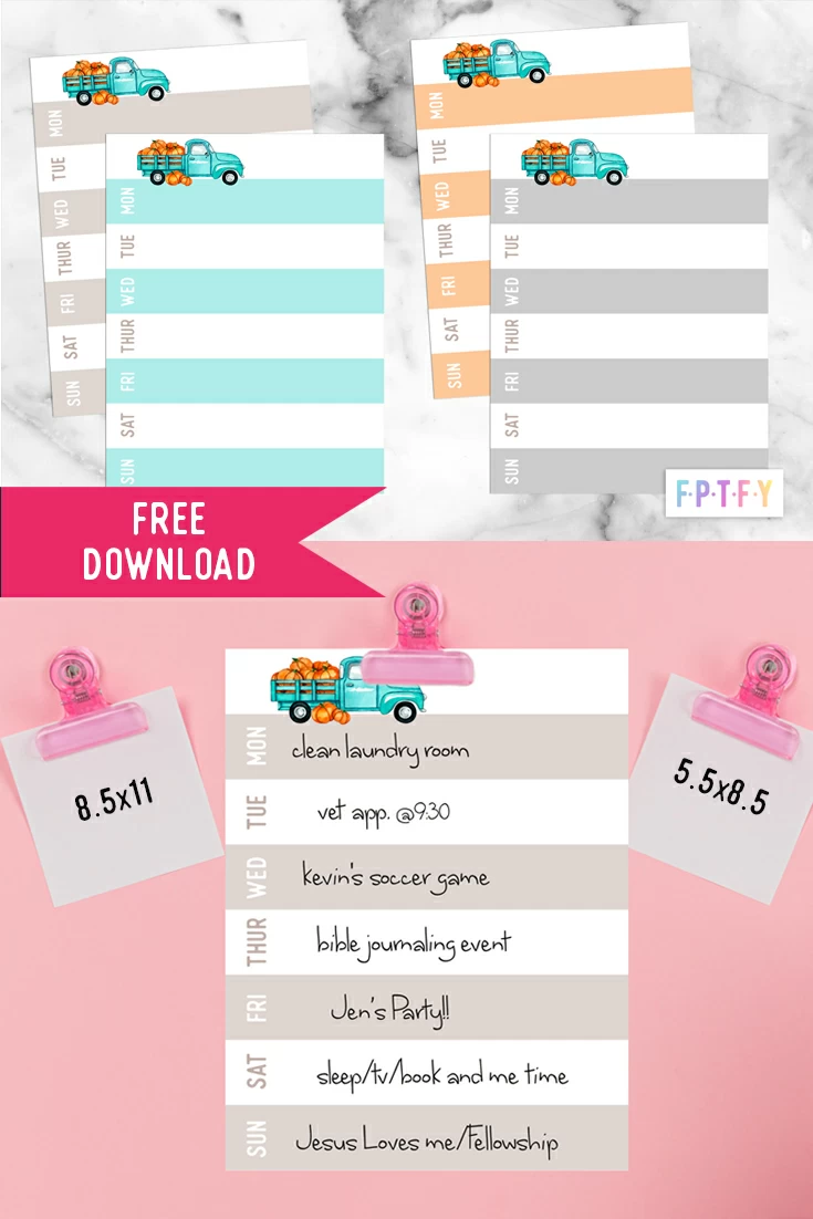 Free Weekly Planner Vintage Teal Truck hauling pumpkins