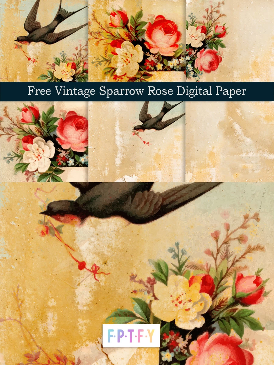Free Vintage Sparrow Rose Digital scrapbooking Paper